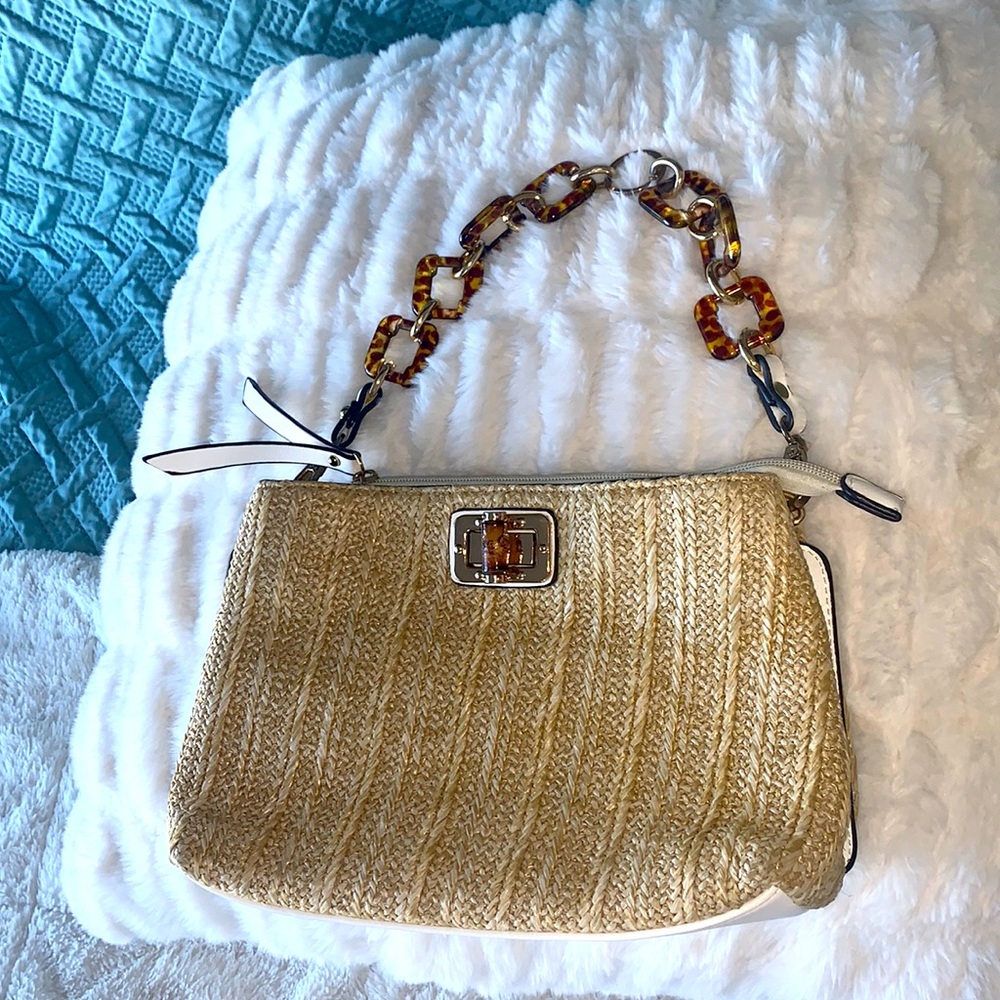 Sondra Roberts Squared straw and white leather handbag EUC - Picture 1 of 9